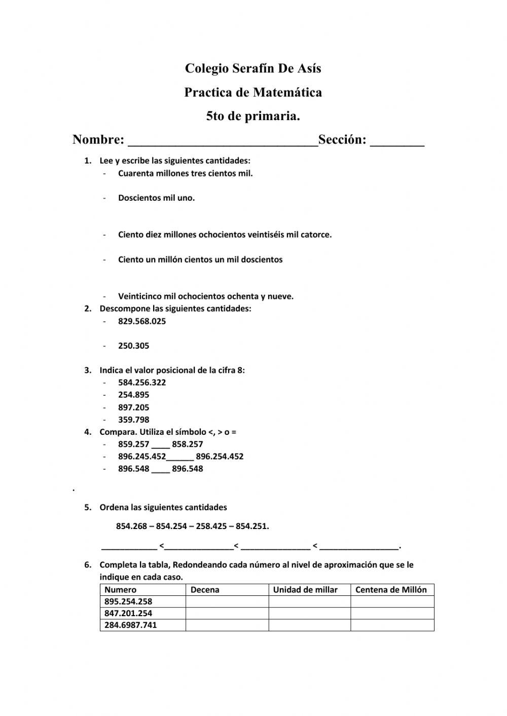 Valor posiciona, comparación y redondeo de números naturales