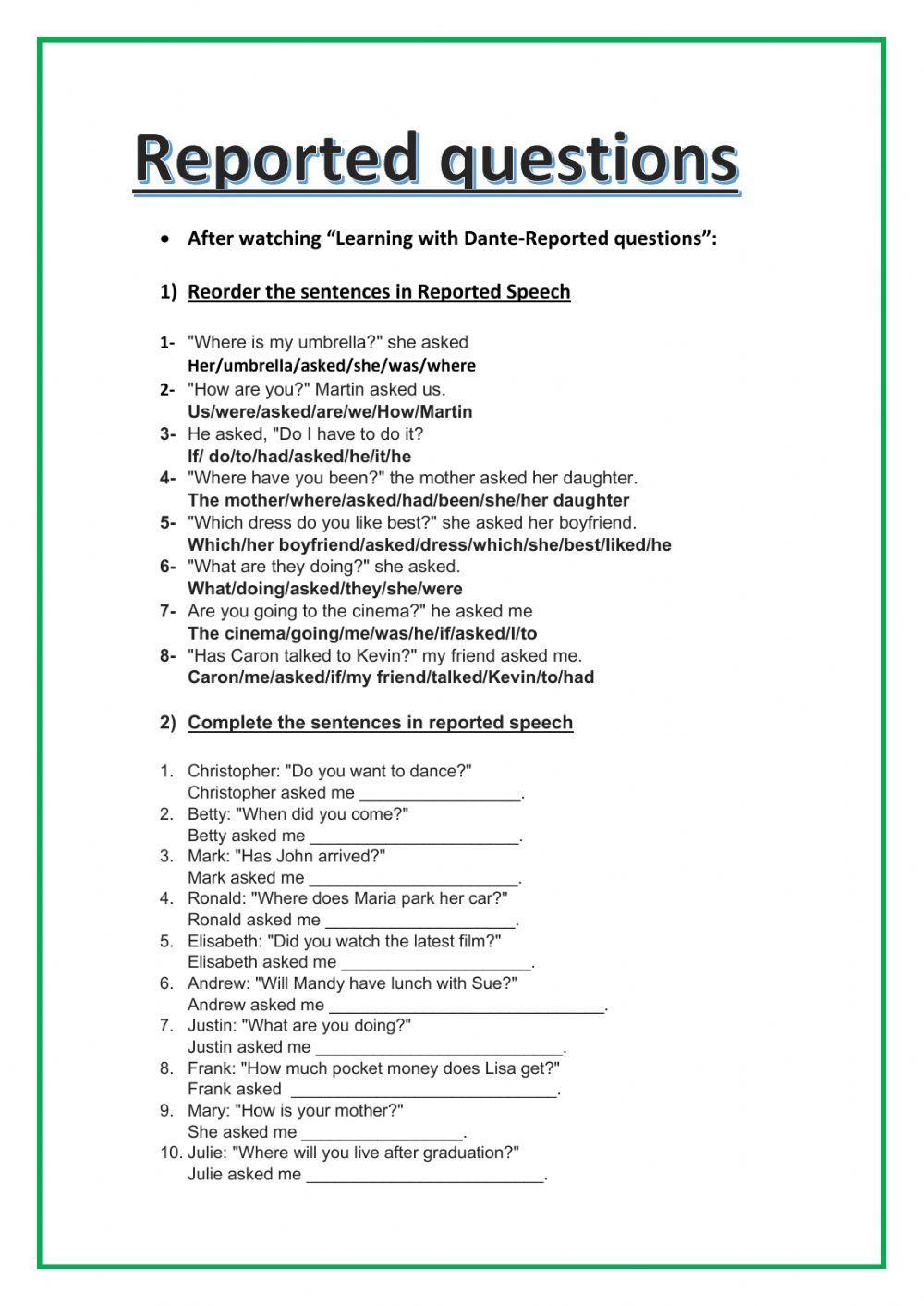 Reported questions worksheet