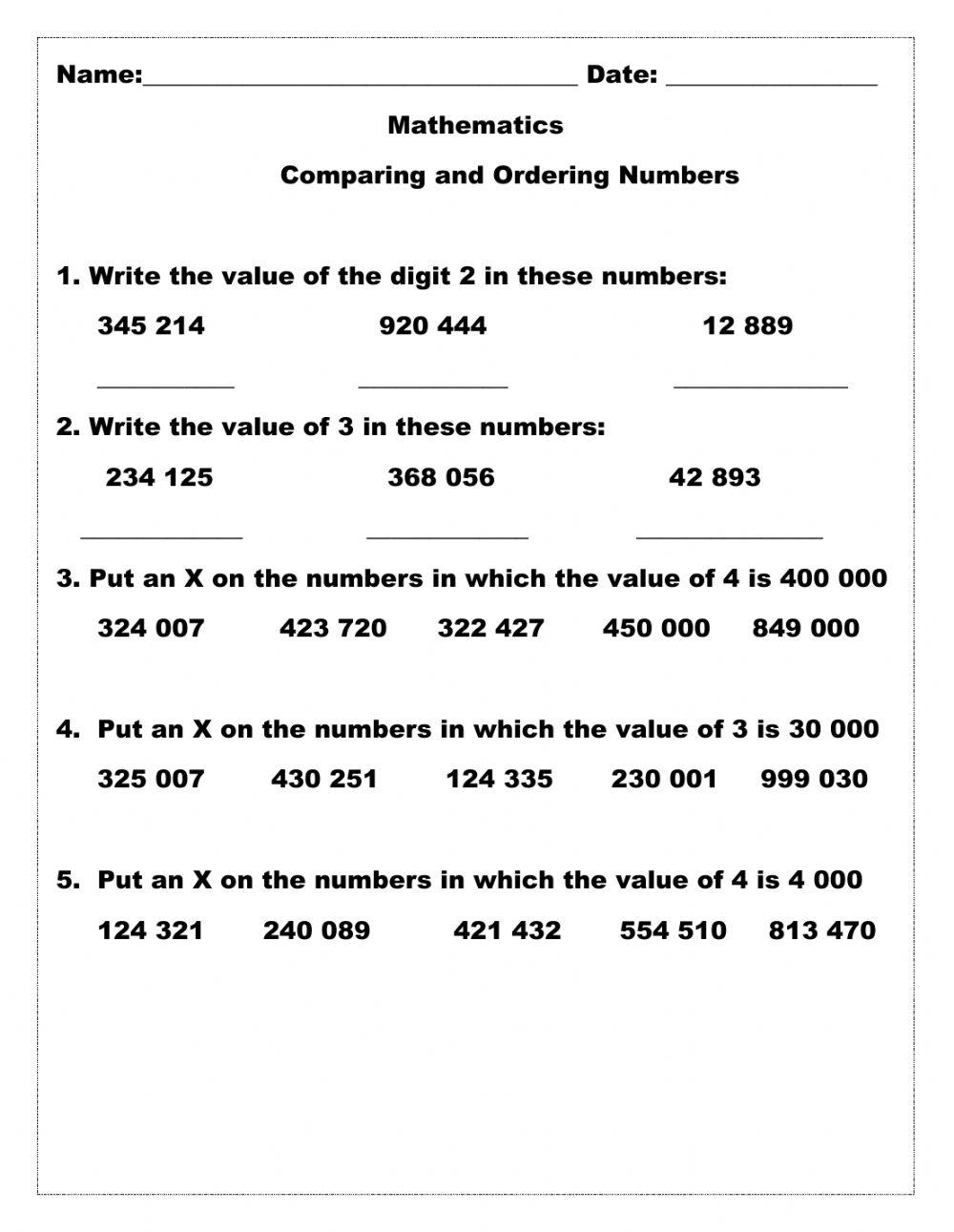 Comparing and Ordering Whole Numbers Worksheet