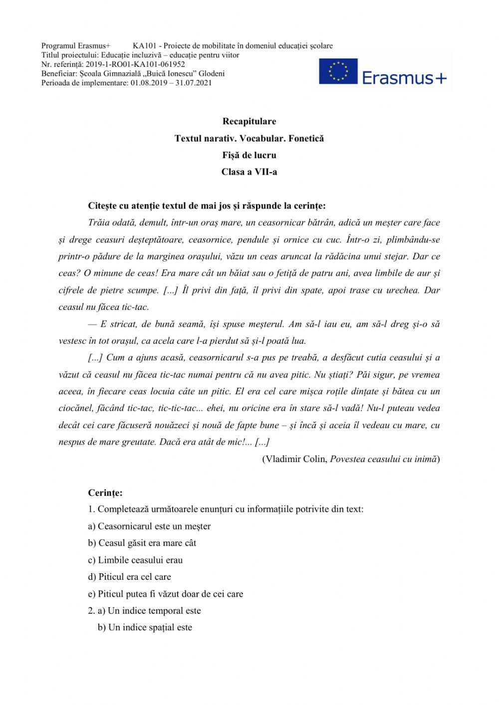 Textul narativ. Vocabular. Fonetică