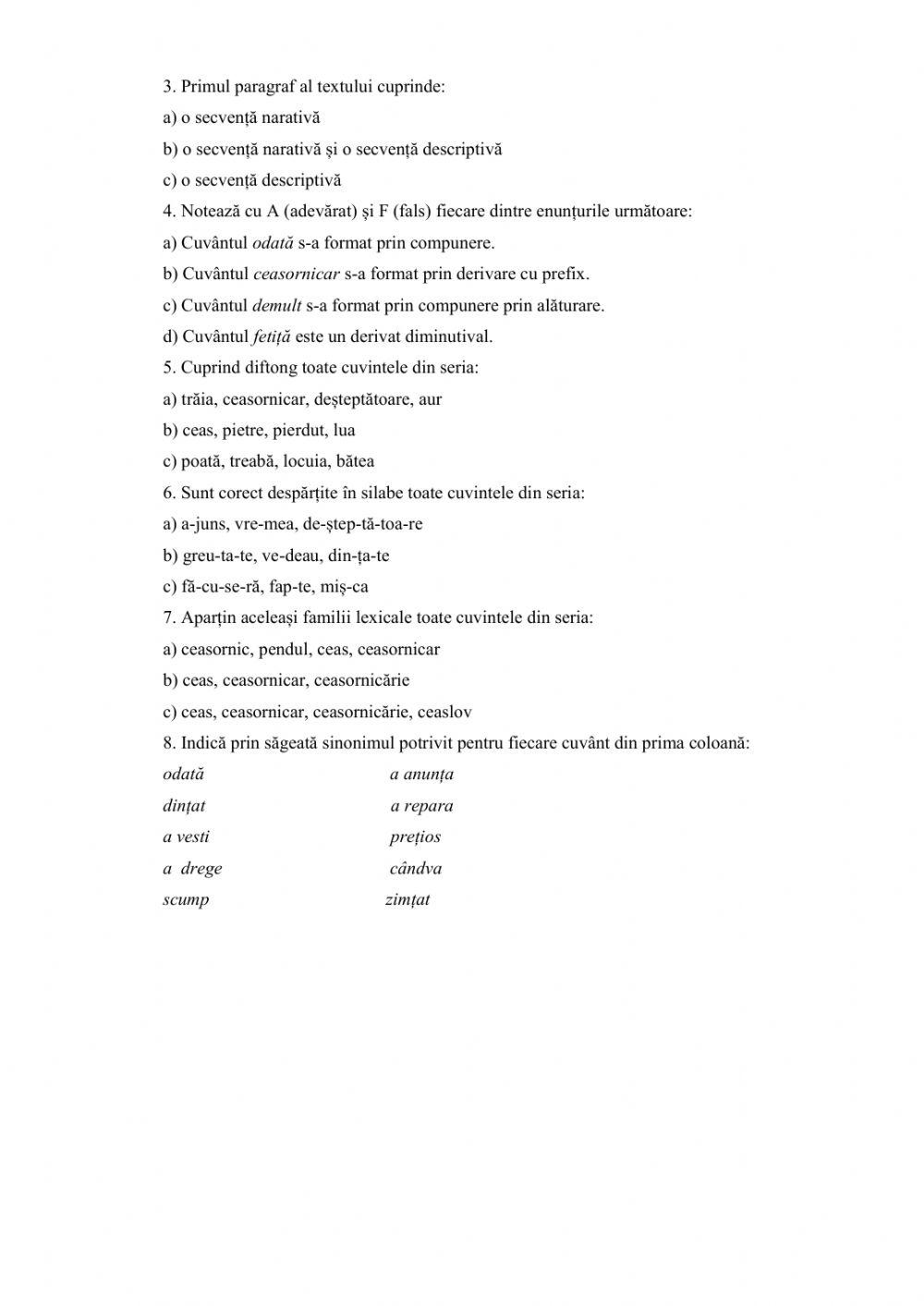 Textul narativ. Vocabular. Fonetică