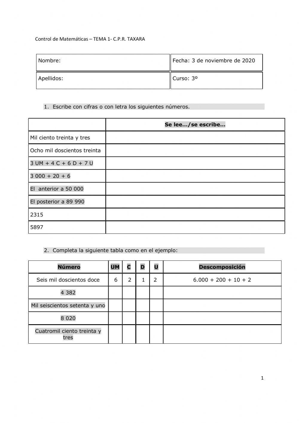 Números - Números romanos - ordinales - descomposición numérica
