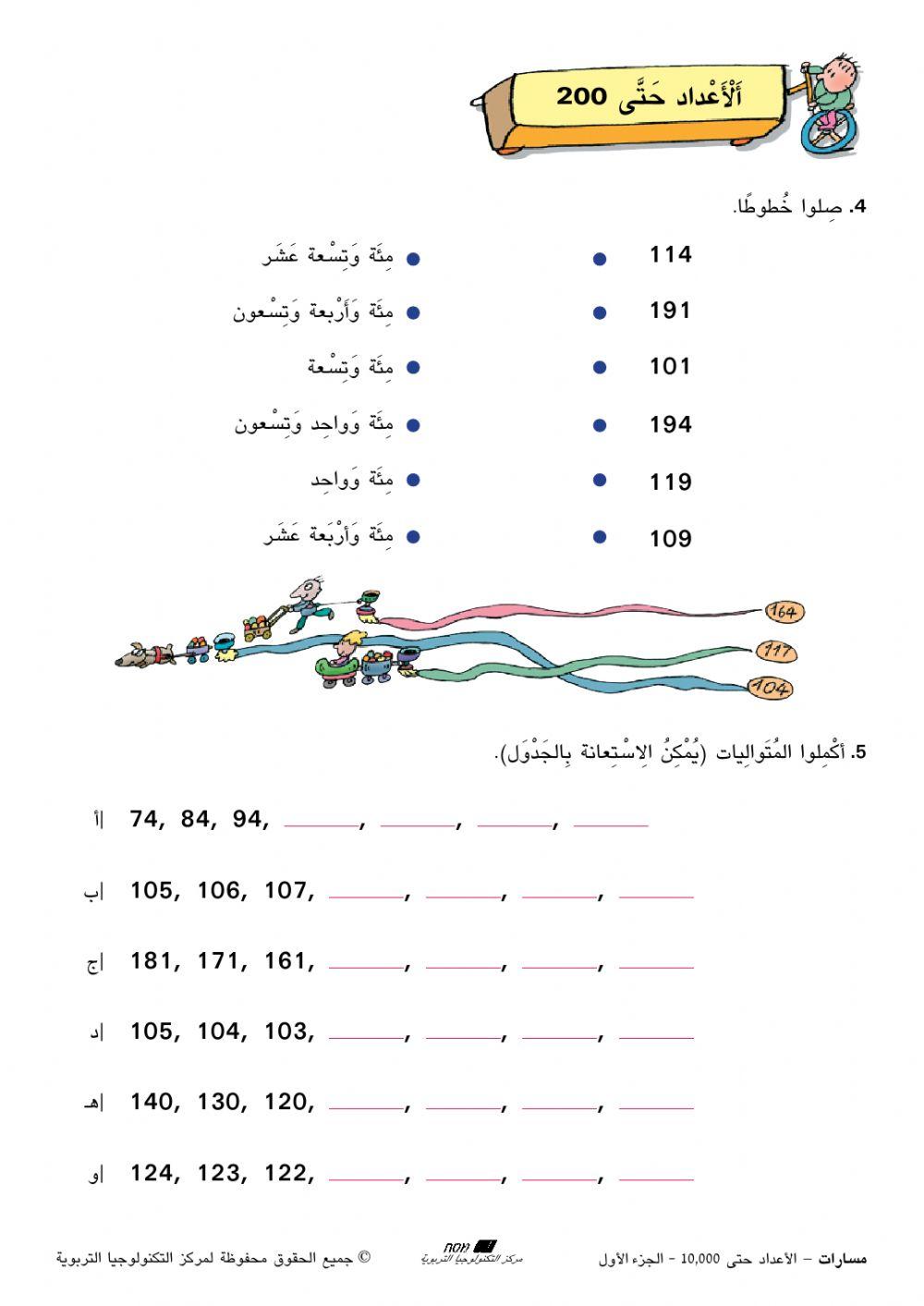 اكمال جدول الاعداد حتى 200 والتالي والسابق