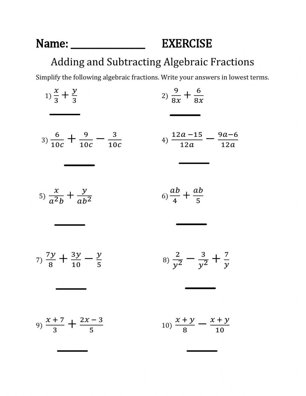Add and subtract algebraic fractions liveworksheets