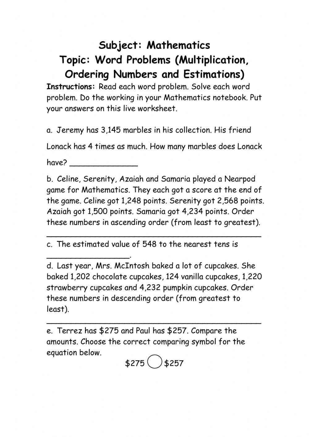 Word Problems Multiplication Ordering Numbers Estimations