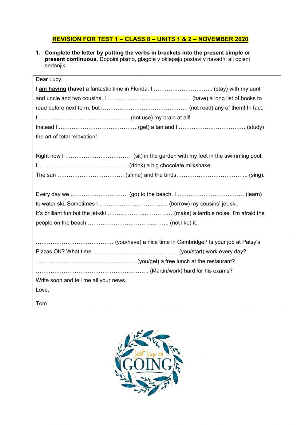 Revision for the test, Class 8, nov 2020