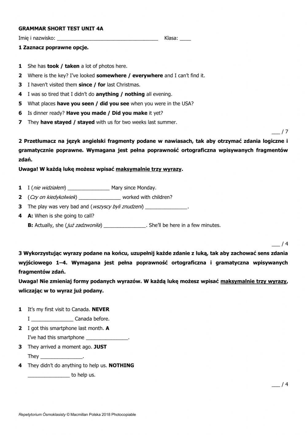 unit 4 short test grammar klasa 8 past simple present perfect