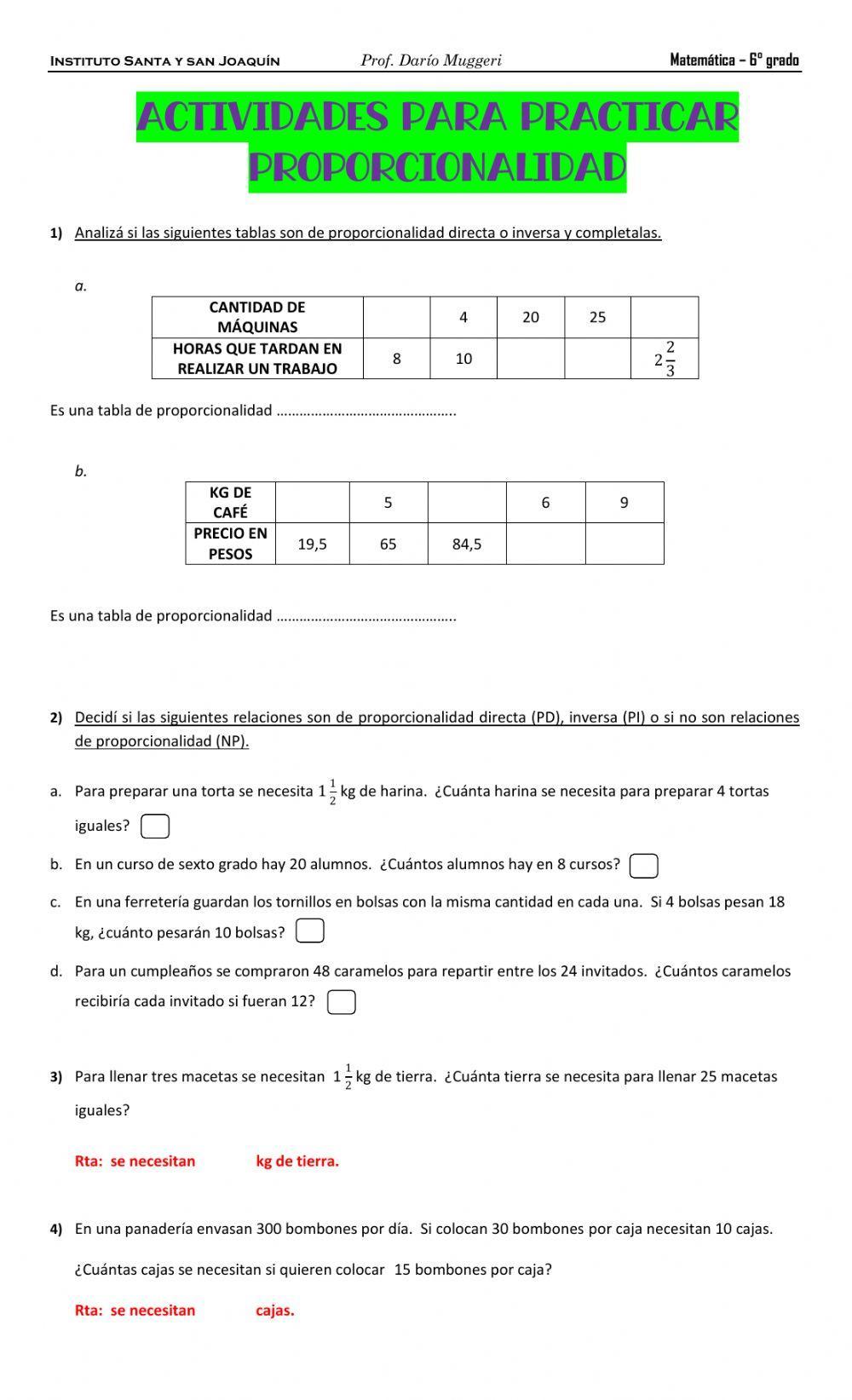 Práctica PROPORCIONALIDAD DIRECTA E INVERSA