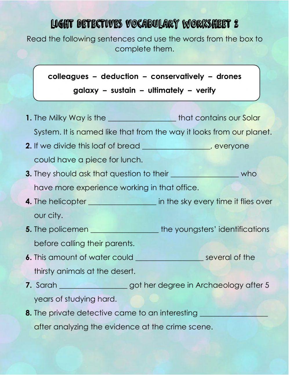 Light Detectives Vocabulary Worksheet 2