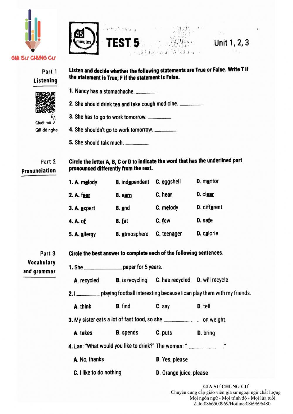 Lớp 7 - Kiểm tra 45 phút ( test 5 luyện giải)