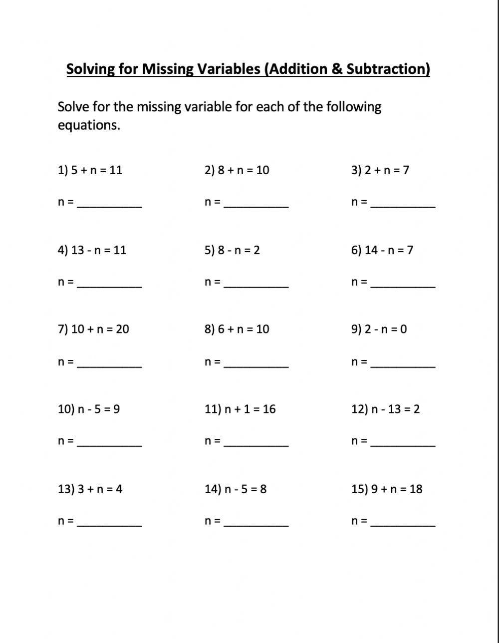 Solving For Variables (Addition & Subtraction)