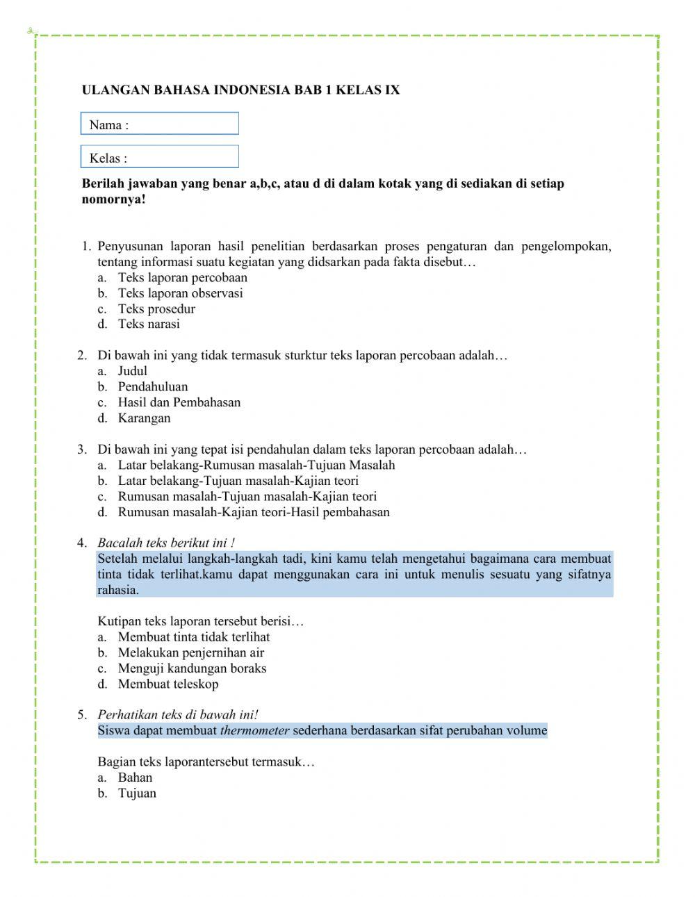 Ulangan Harian Bab 1 Kelas 9