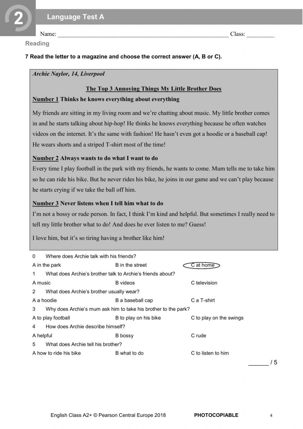 test english class a2+ unit 2