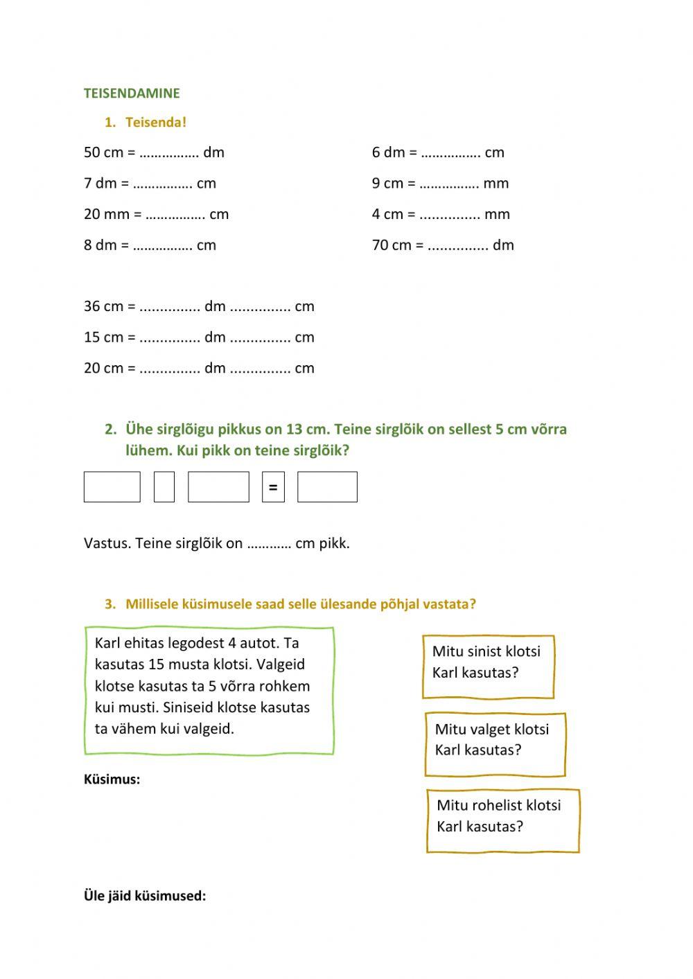 Teisendamine 4. tööleht