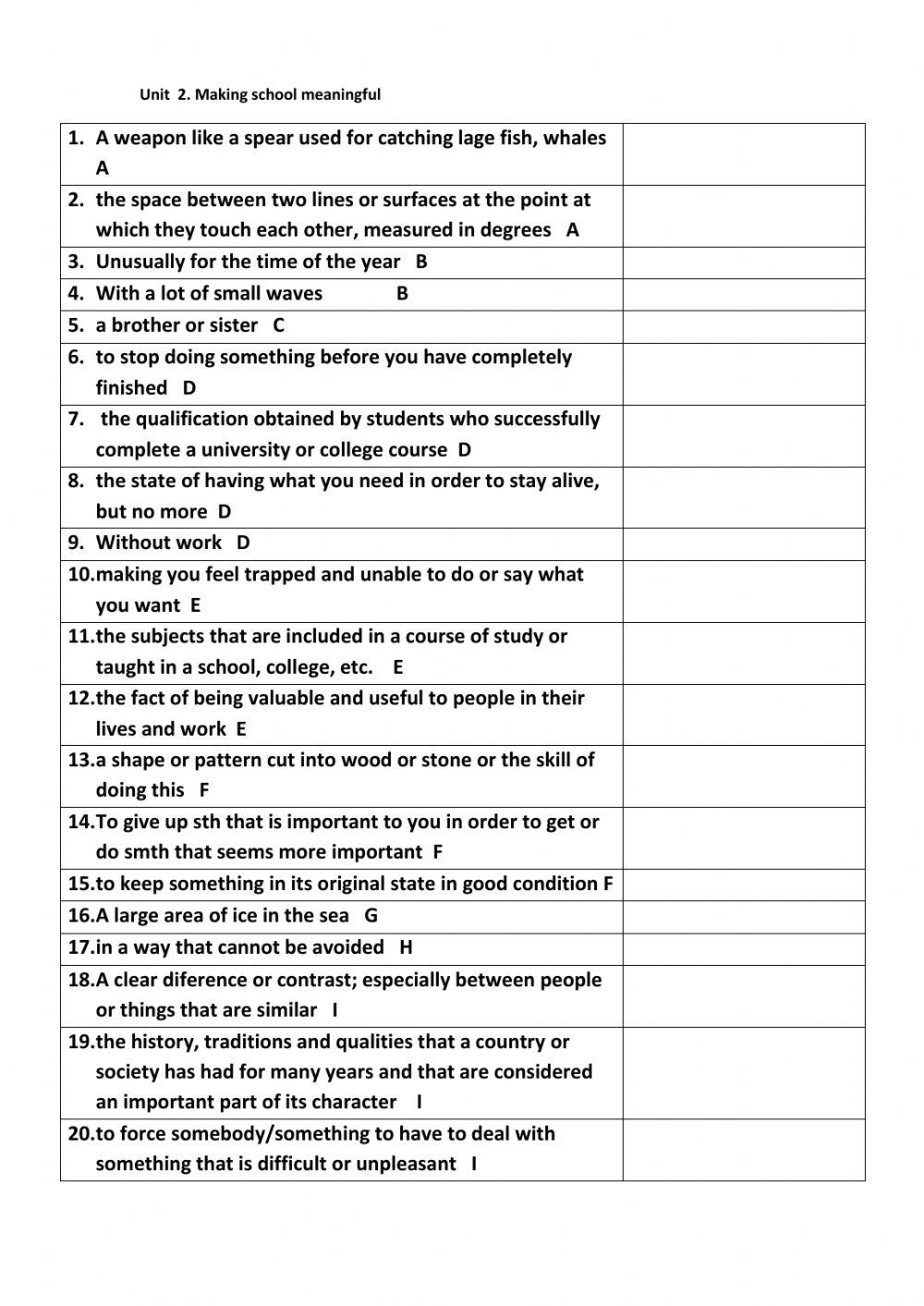 Making school meaningful. Vocabulary from the text