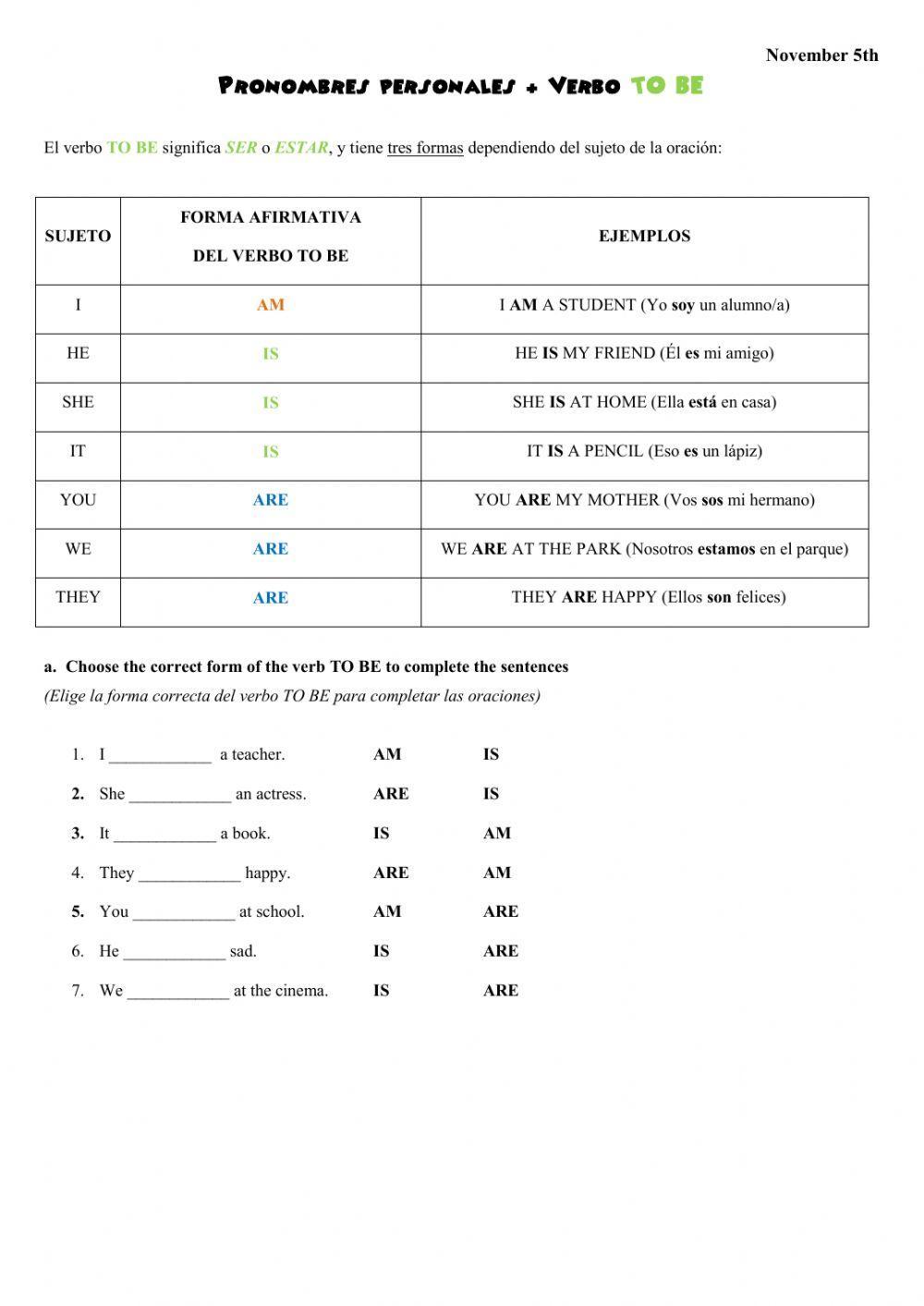 Personal Pronouns + Verb to be