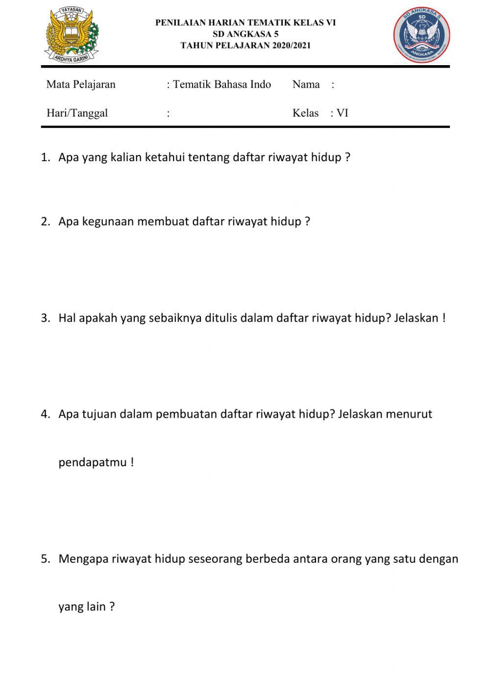 Latihan Tematik E Subtema 2 Bahasa Indonesia