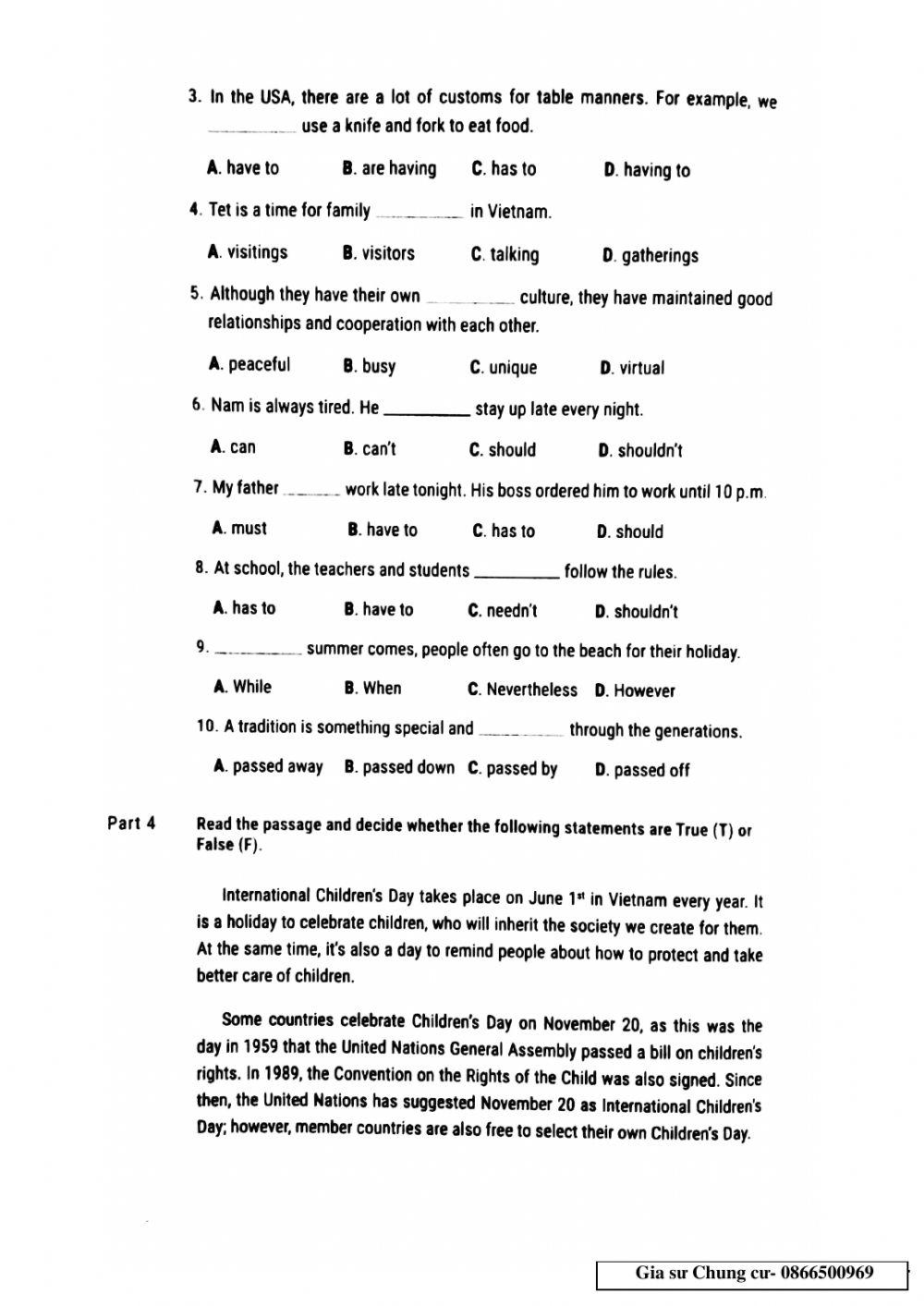 Lớp 8- Bài kiểm tra 45p Unit 4,5