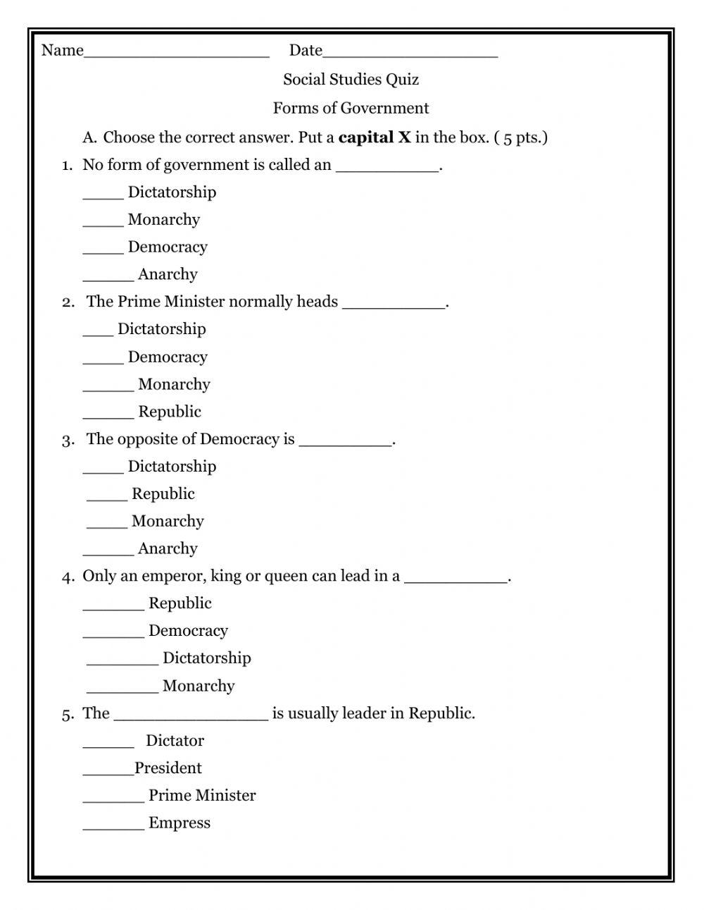Forms Of Government Worksheet