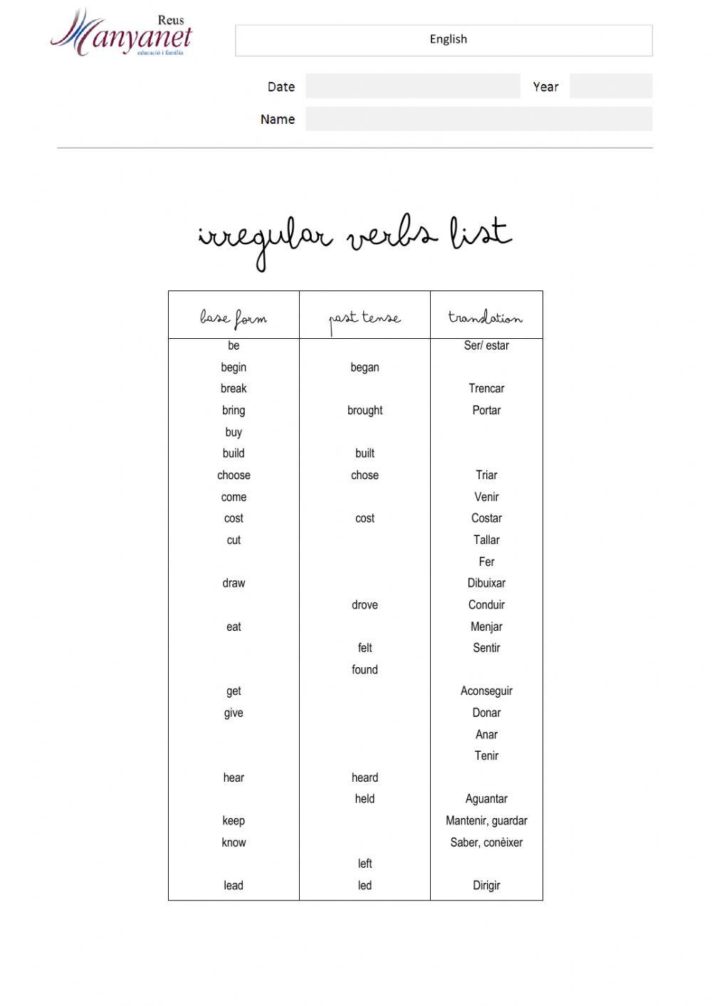 Irregular verbs test 1
