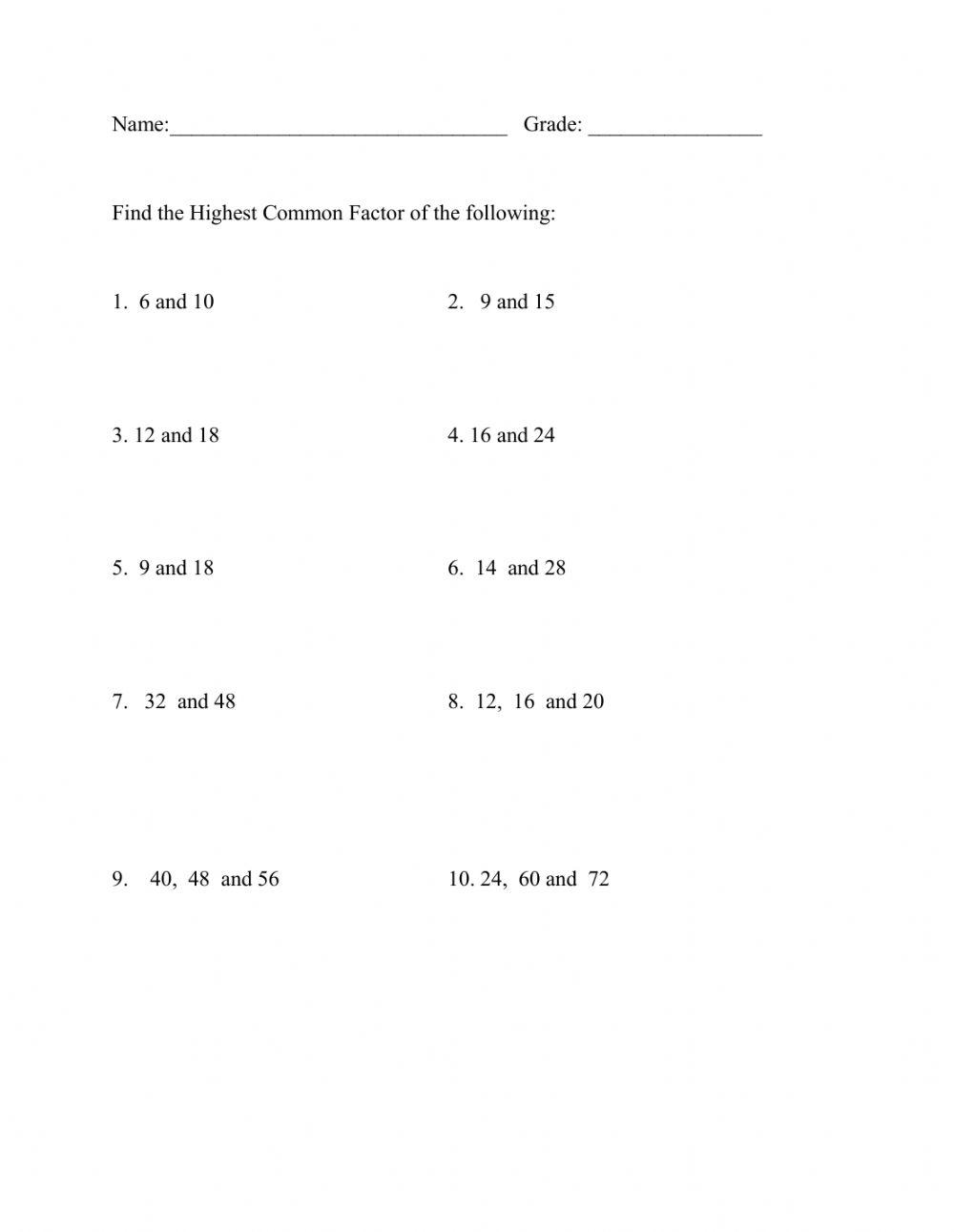 Highest Common Factor online exercise for | Live Worksheets