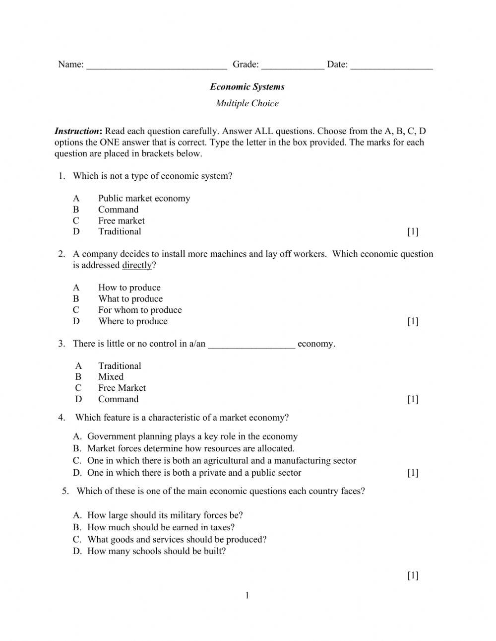 Economic System Multiple Choice