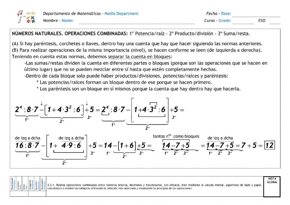 Números naturales. Operaciones combinadas