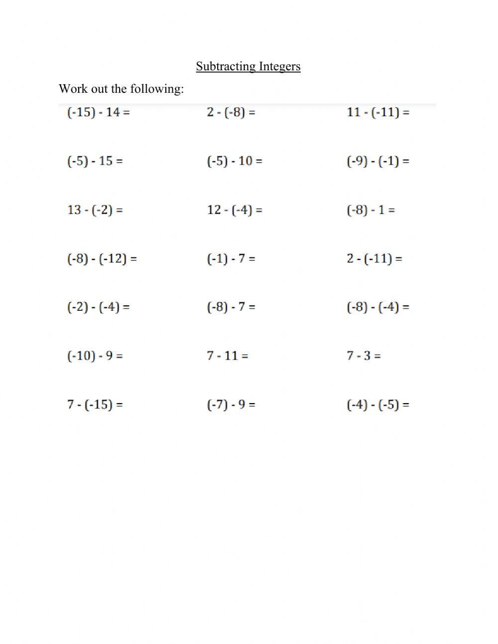 Integers Worksheet Addition And Subtraction