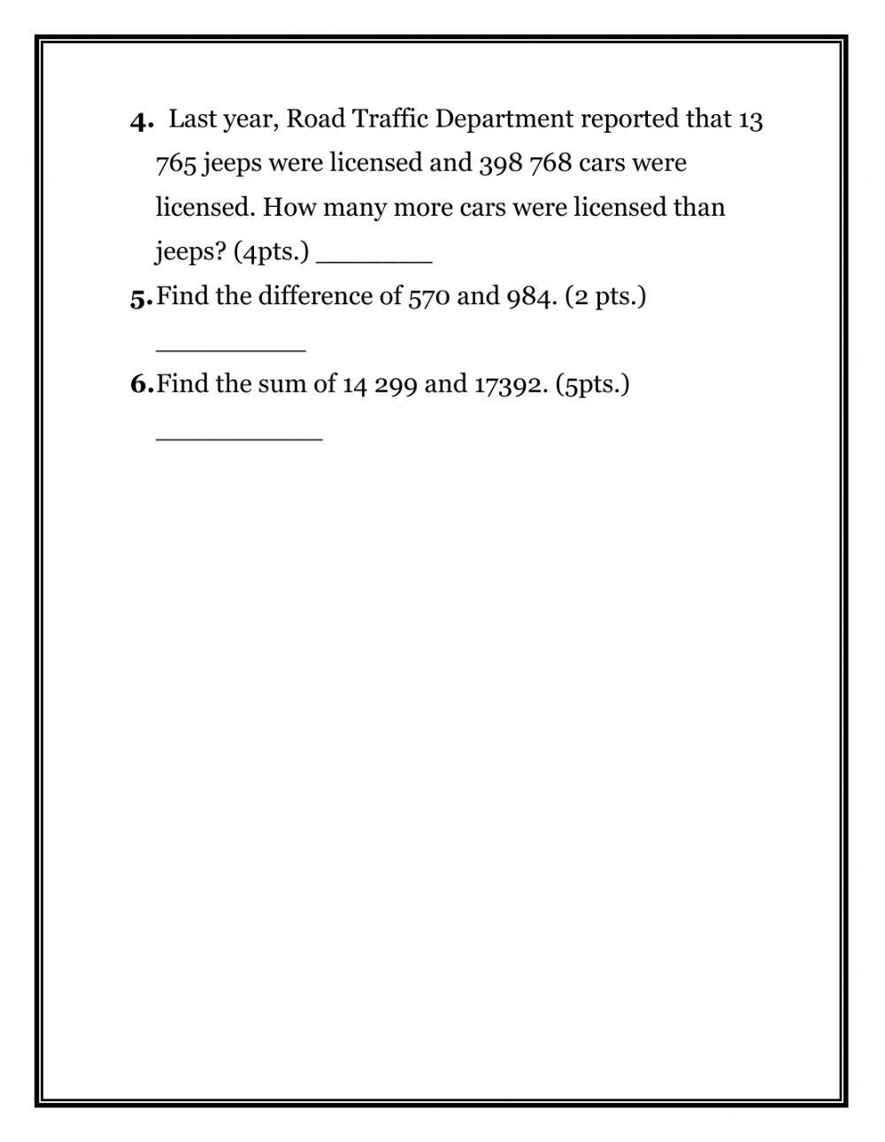 Application Addition and Subtraction Homework