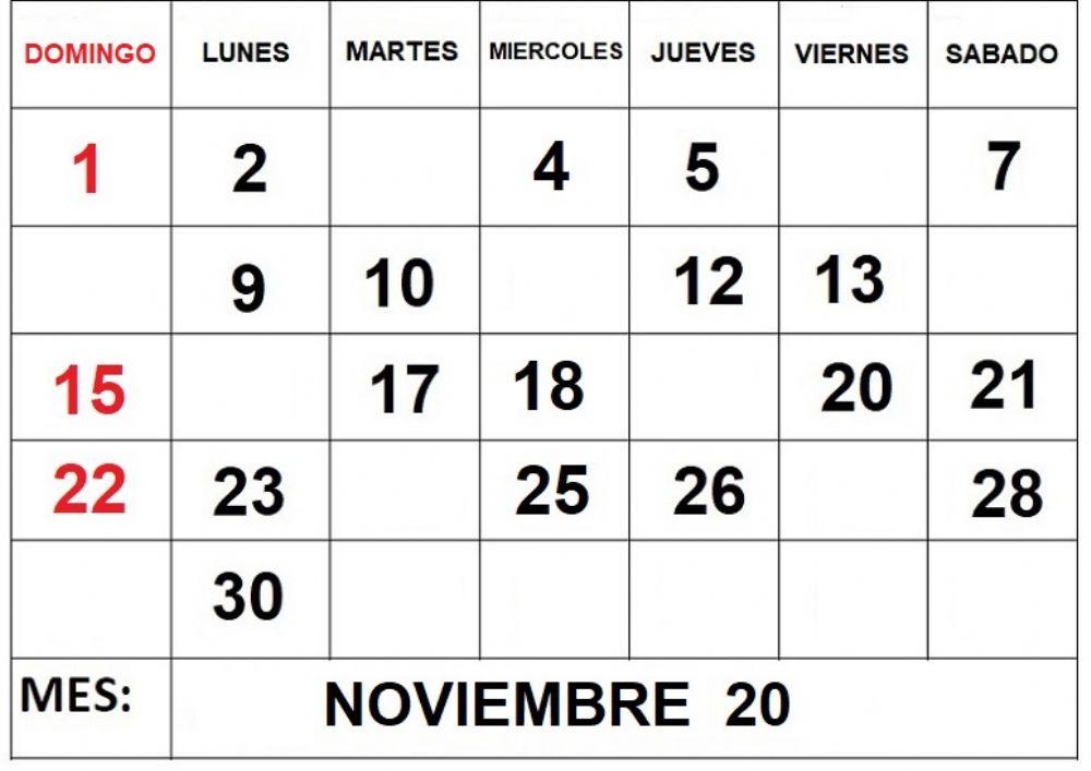 Calendario Noviembre 2020