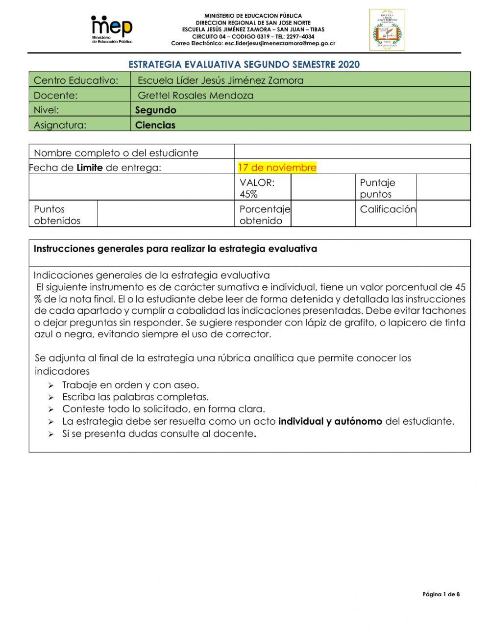Estrategia de Evaluación de Ciencias 2020