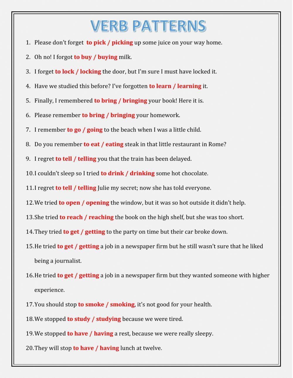 Verb patterns Verb patterns
