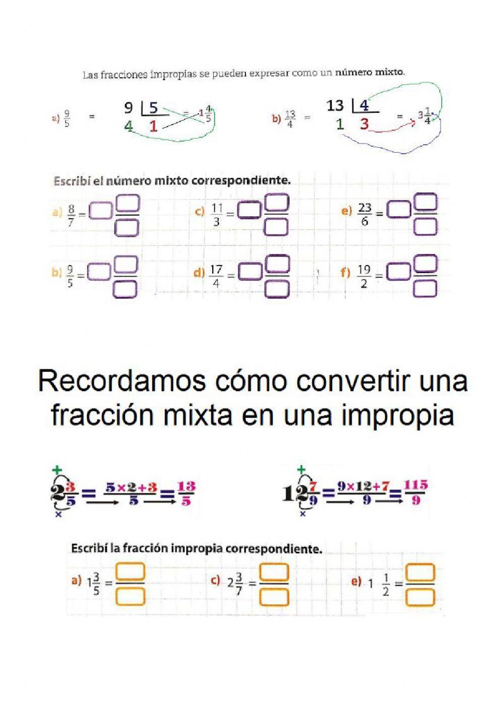 Fracciones propias, impropias, mixtas y equivalentes