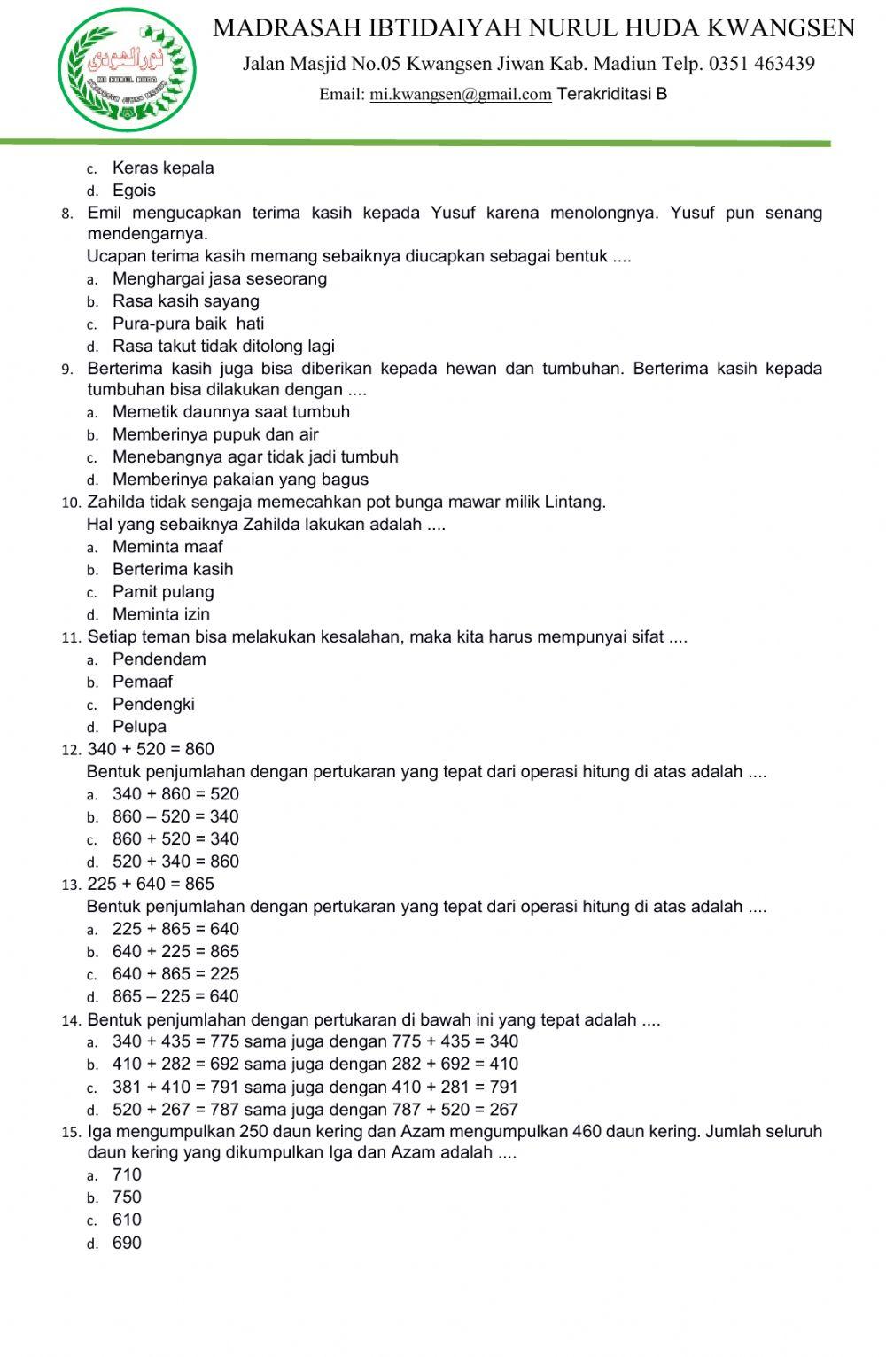 Ulangan harian tema 2 sub1 kelas 3