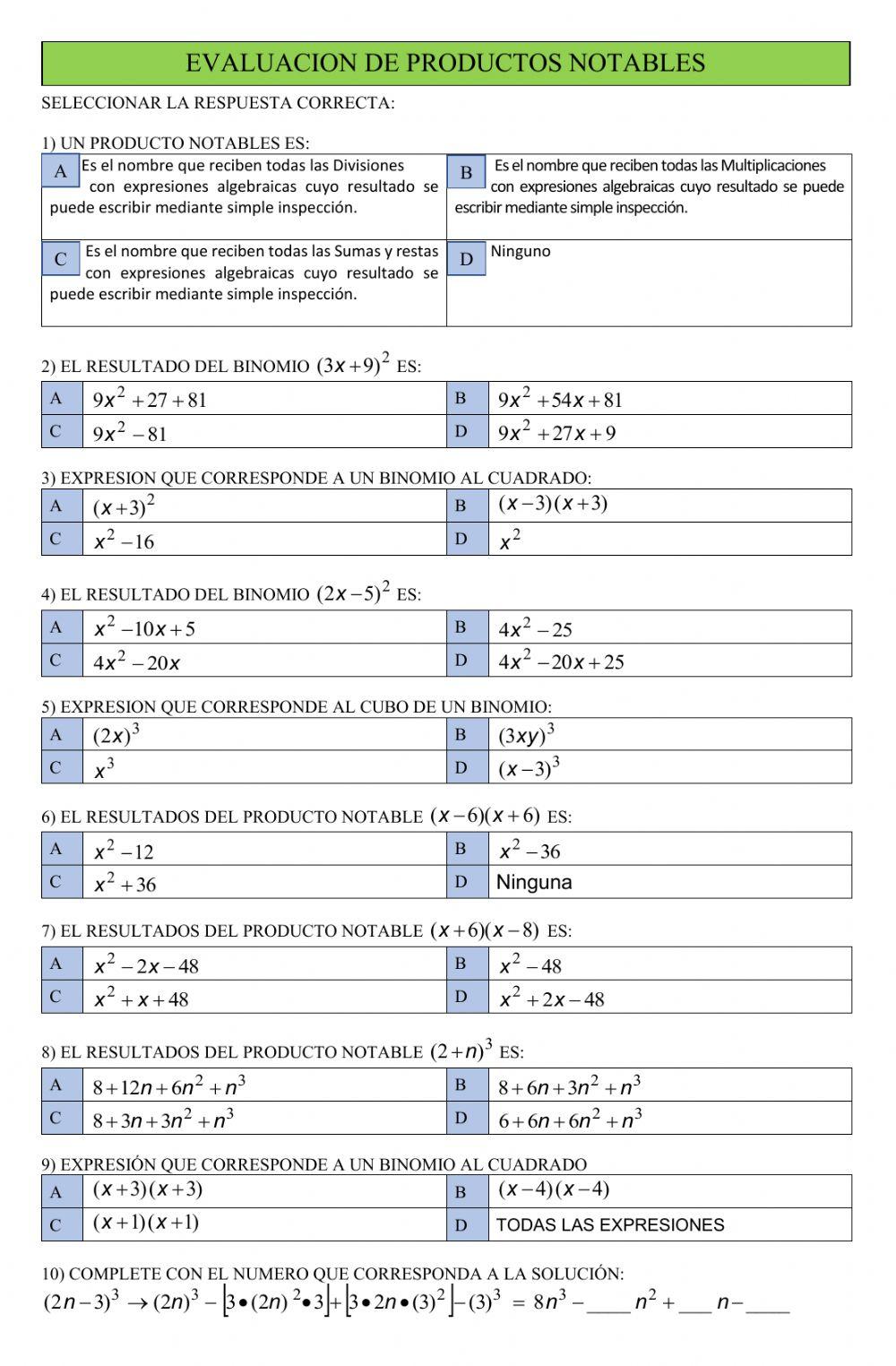 EVALUACION PRODUCTOS NOTABLES2 EVALUACION PRODUCTOS NOTABLES2