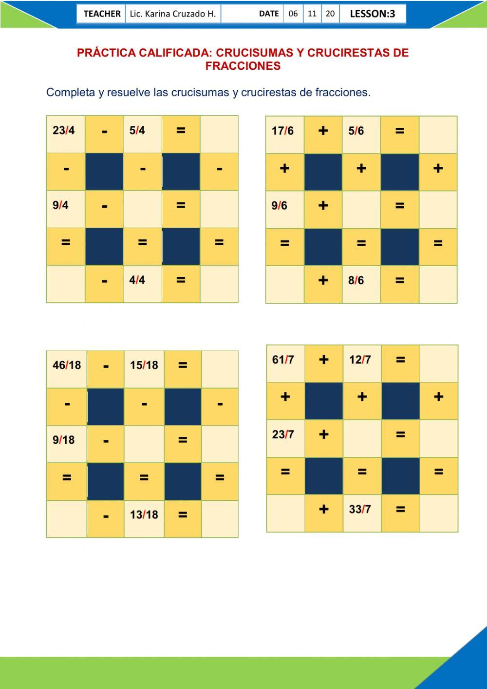Crucisumas y crucirestas de fracciones