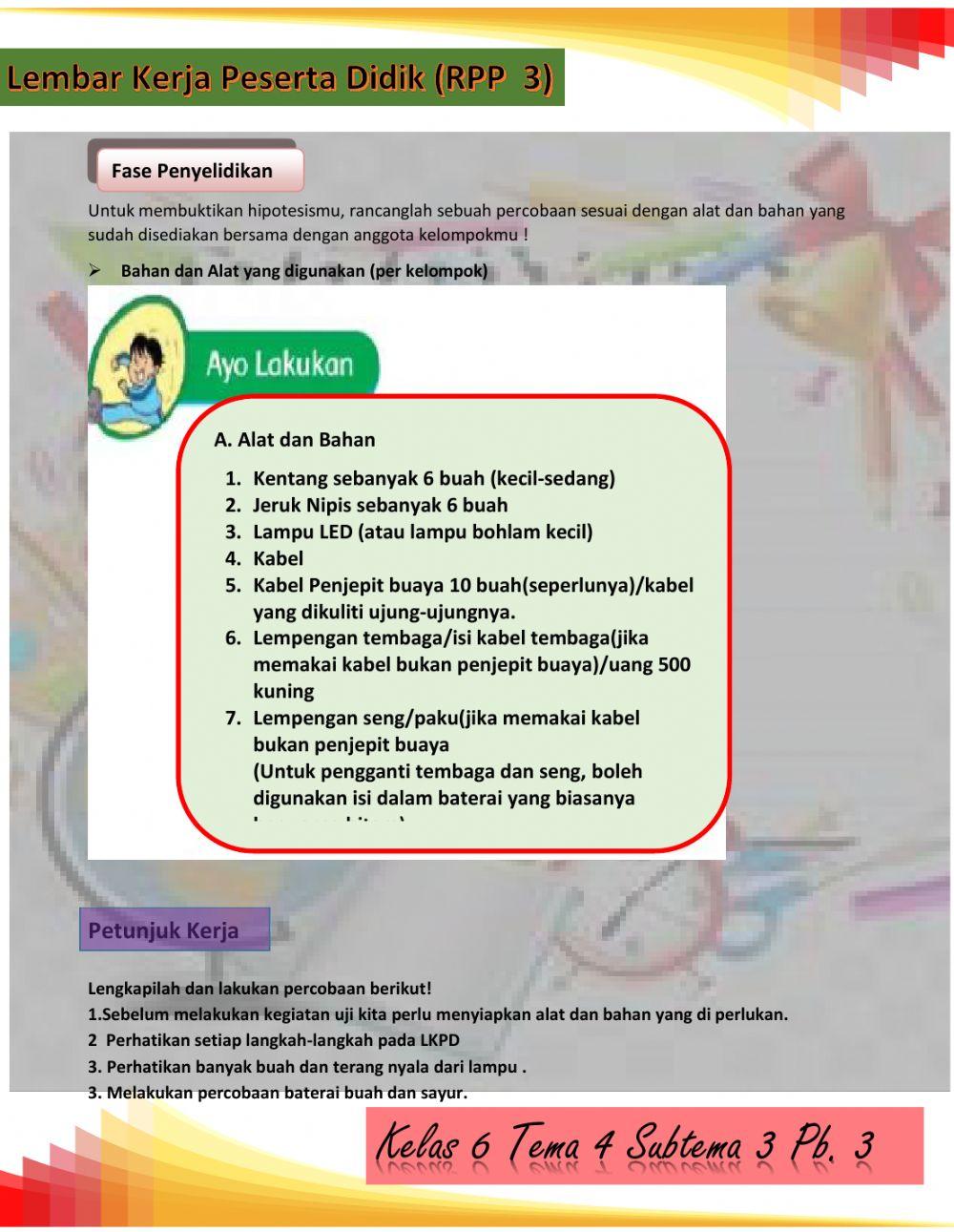 LKPD tema 4 kelas 6 subtema 3 pb 3 (Baterai Buah dan Sayur)