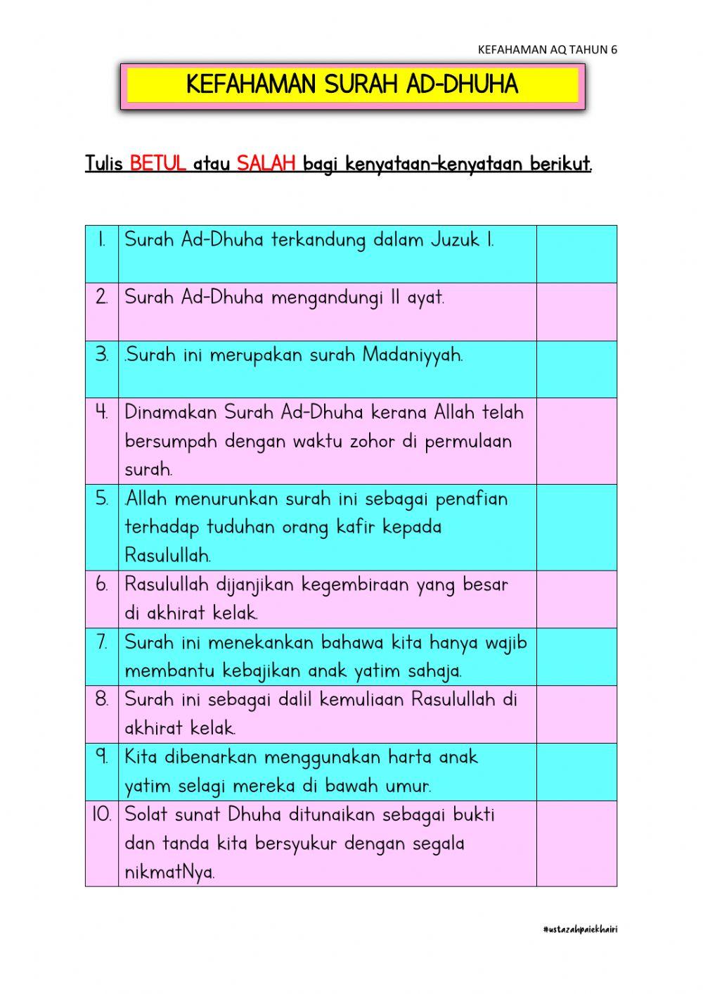 KEFAHAMAN SURAH AD-DHUHA - Pendidikan Islam Tahun 6