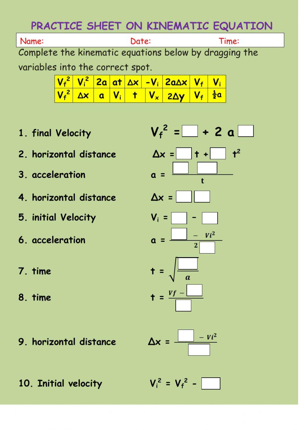 Practice Sheet on Kinematic Equations