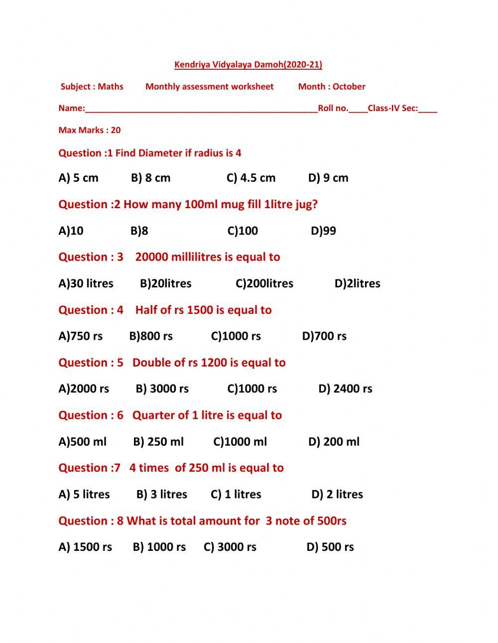 Maths worksheet interactive exercise for iv | Live Worksheets
