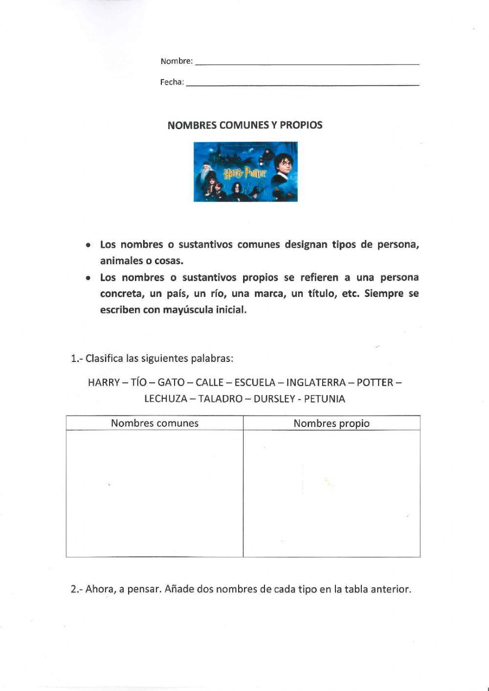Nombres comunes y propios Harry Potter