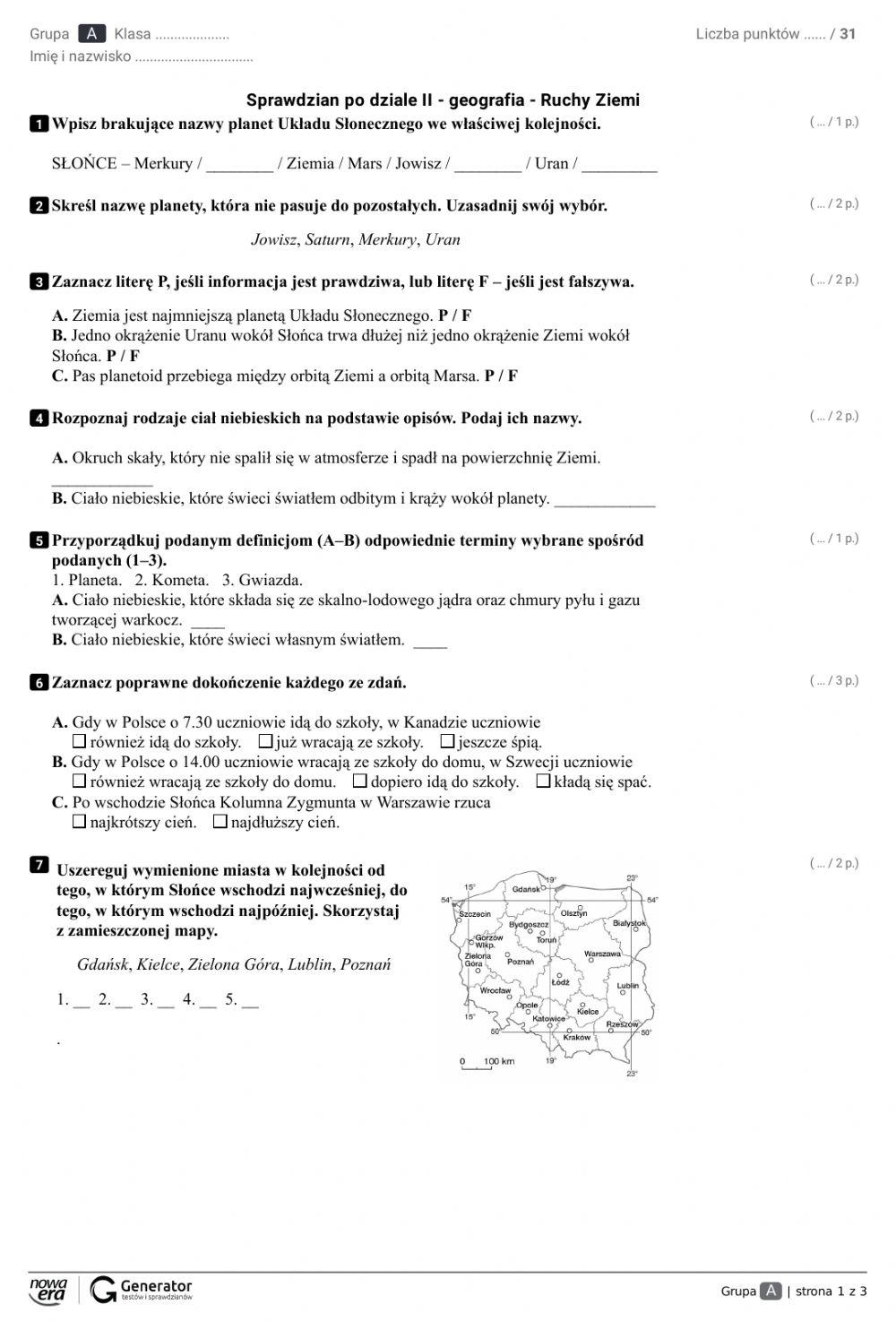 Sprawdzian Z Geografii Klasa 6 Dział 4 sprawdzian geog… | Free Interactive Worksheets | 4393566