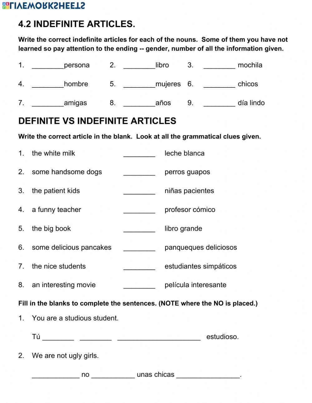 Definite and Indefinite Articles in Spanish worksheet | Live Worksheets Definite and Indefinite Articles in Spanish worksheet | Live Worksheets