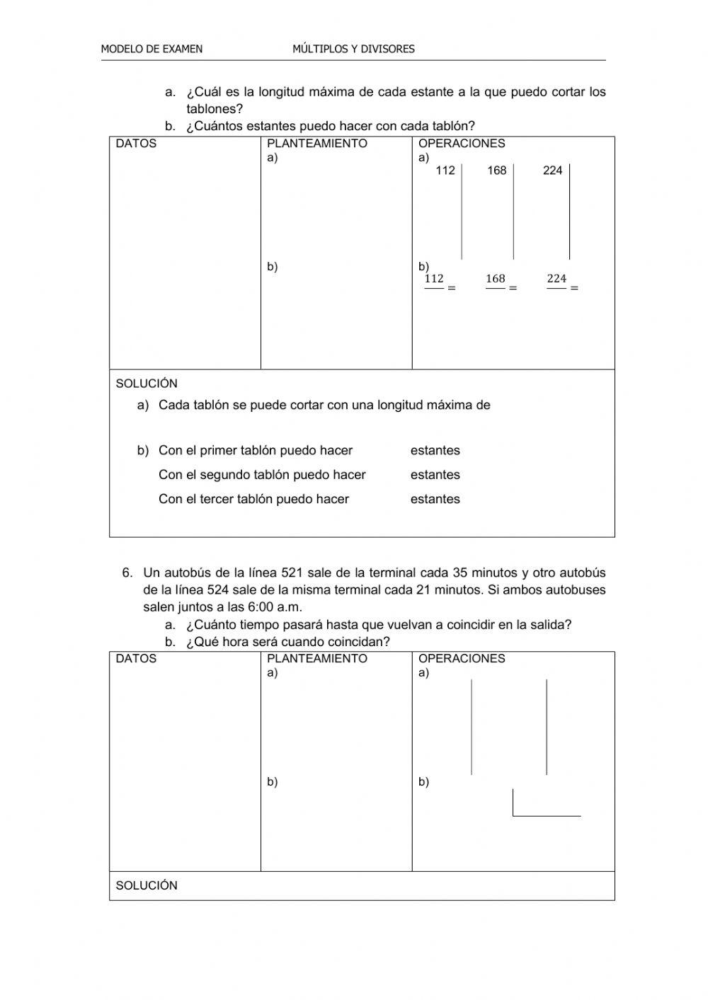 Múltiplos y divisores (modelo de examen)