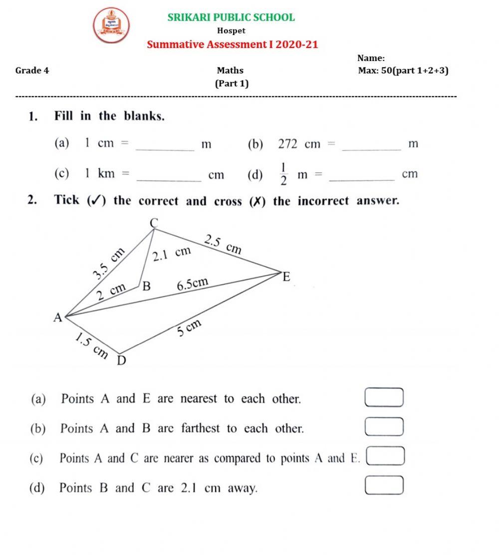 Srikari Public School IV std Maths SA 1 Part 1