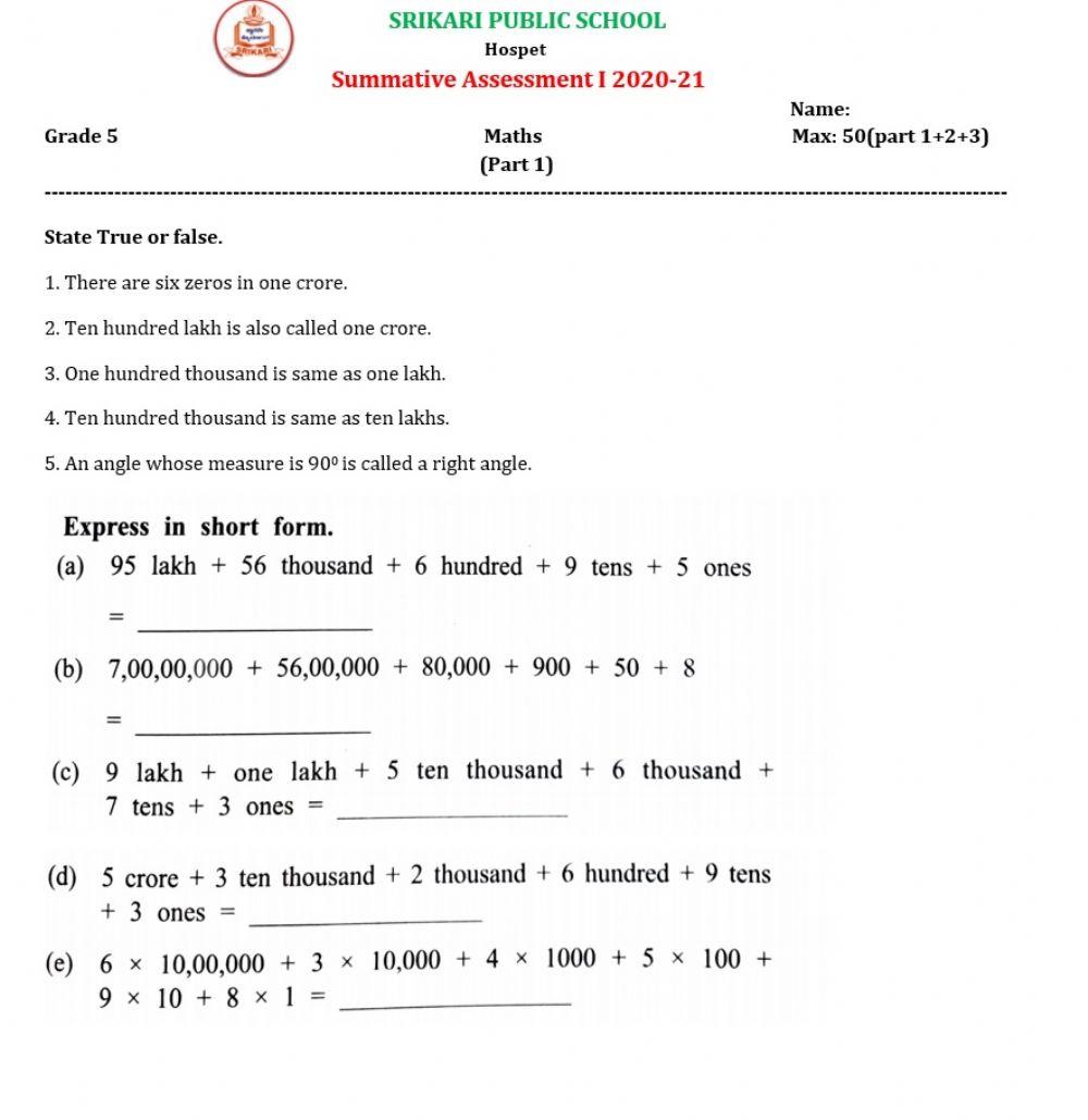 Srikari Public School V std Maths SA 1 Part 1