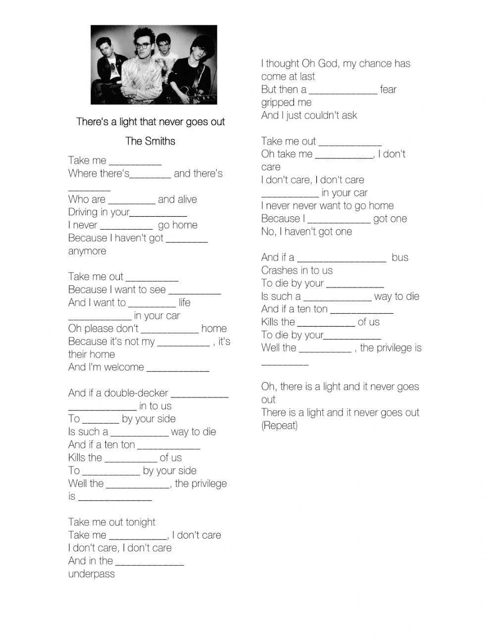 There s a light that never goes out the smiths online exercise for