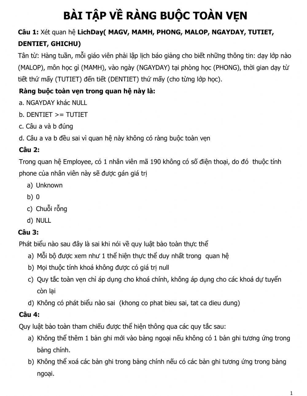 BÀI TẬP VỀ RÀNG BUỘC TOÀN VẸN