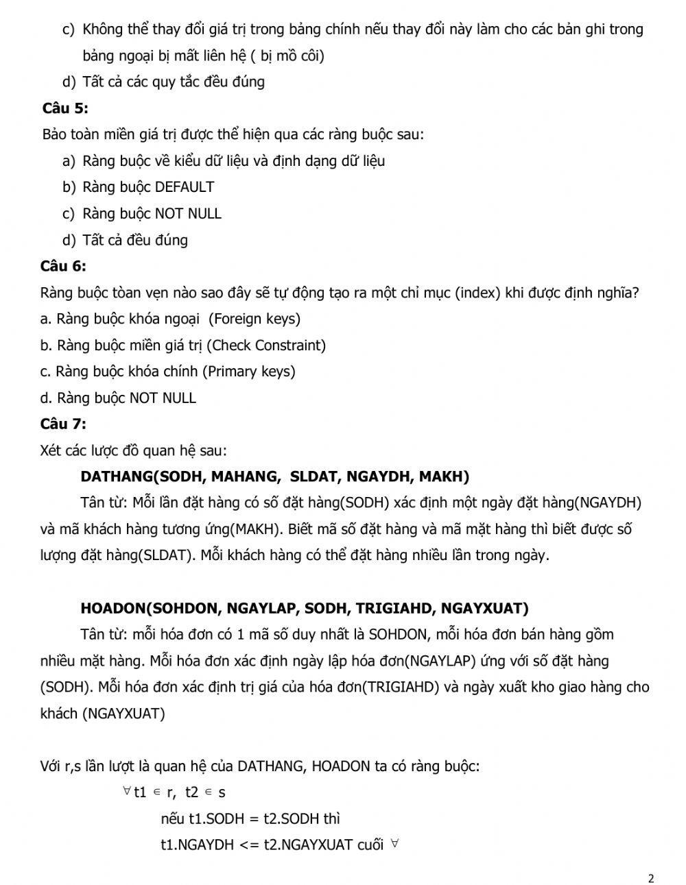 BÀI TẬP VỀ RÀNG BUỘC TOÀN VẸN