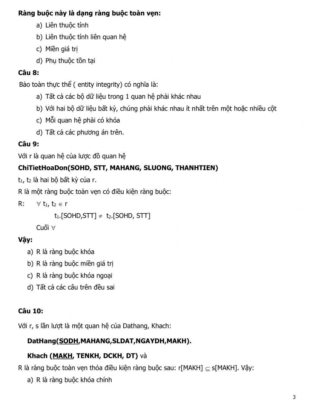 BÀI TẬP VỀ RÀNG BUỘC TOÀN VẸN